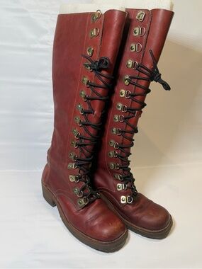 Buskens 70s Vintage Red Leather Lace Up Campus Boots Woman 8.5 M Rare Knee High